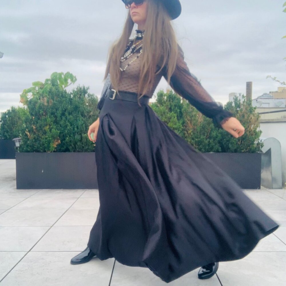 Anthro Full Satin Skater Drama Black Tie Dress Up Maxi Flare Skirt Pockets NWOT - Picture 5 of 16